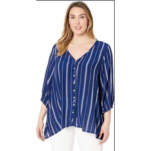 Karen Kane Women's 1X Blouse Blue and White Striped V-Neck 3/4 Balloon Sleeve
